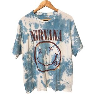 Nirvana Graphic Tee Unisex XL Blue White New Tie Dye Smiley Face Logo T-Shirt